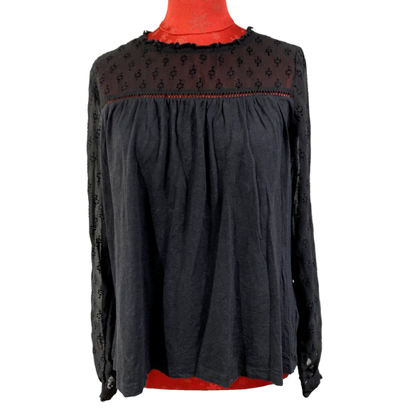 Fat Face Sheer Black Long Sleeve Peasant Blouse Casual Top Size 10 Eyelet Lace - Picture 2 of 11